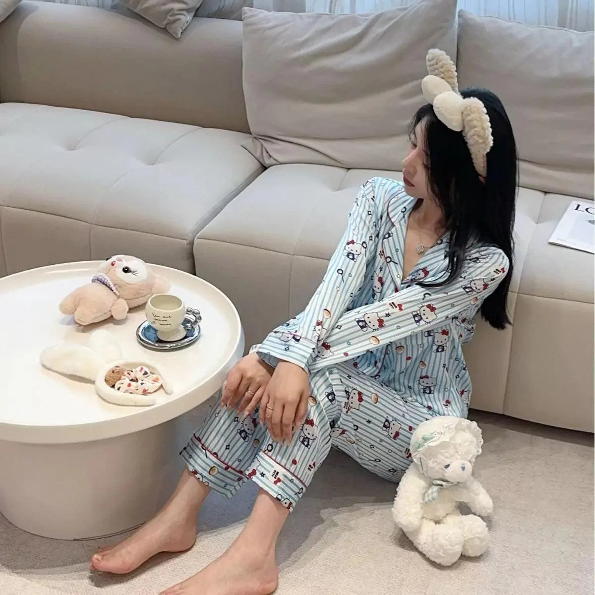 HelloKitty Blue Striped Foodie Prints Pajamas Set - Blind Box Mall