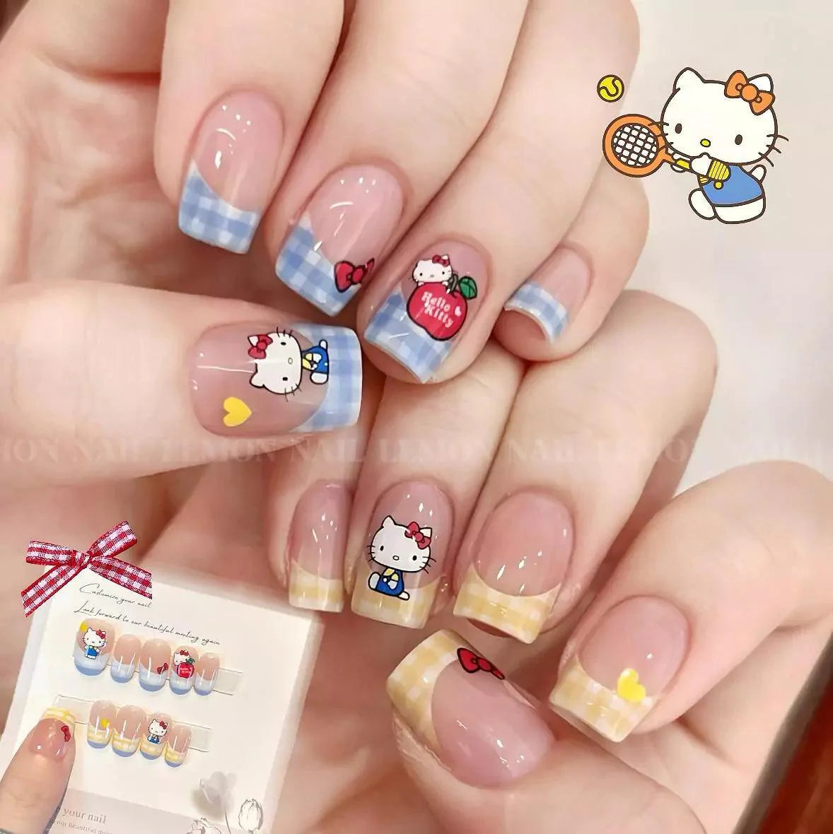 Hello Kitty Plaid French Press-On Nail Set - Blind Box Mall