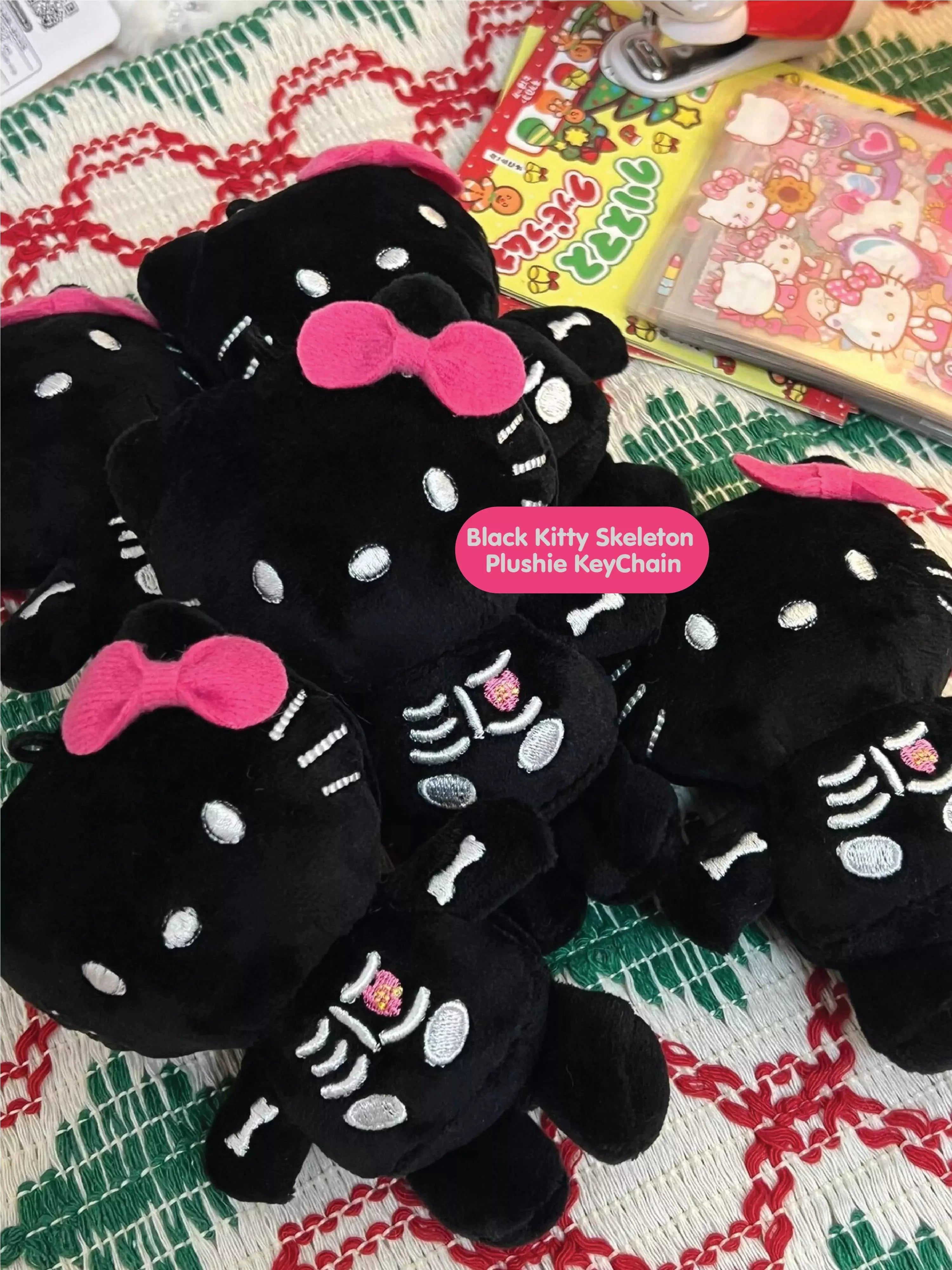 Black Kitty Skeleton Plushie KeyChain - Blind Box Mall