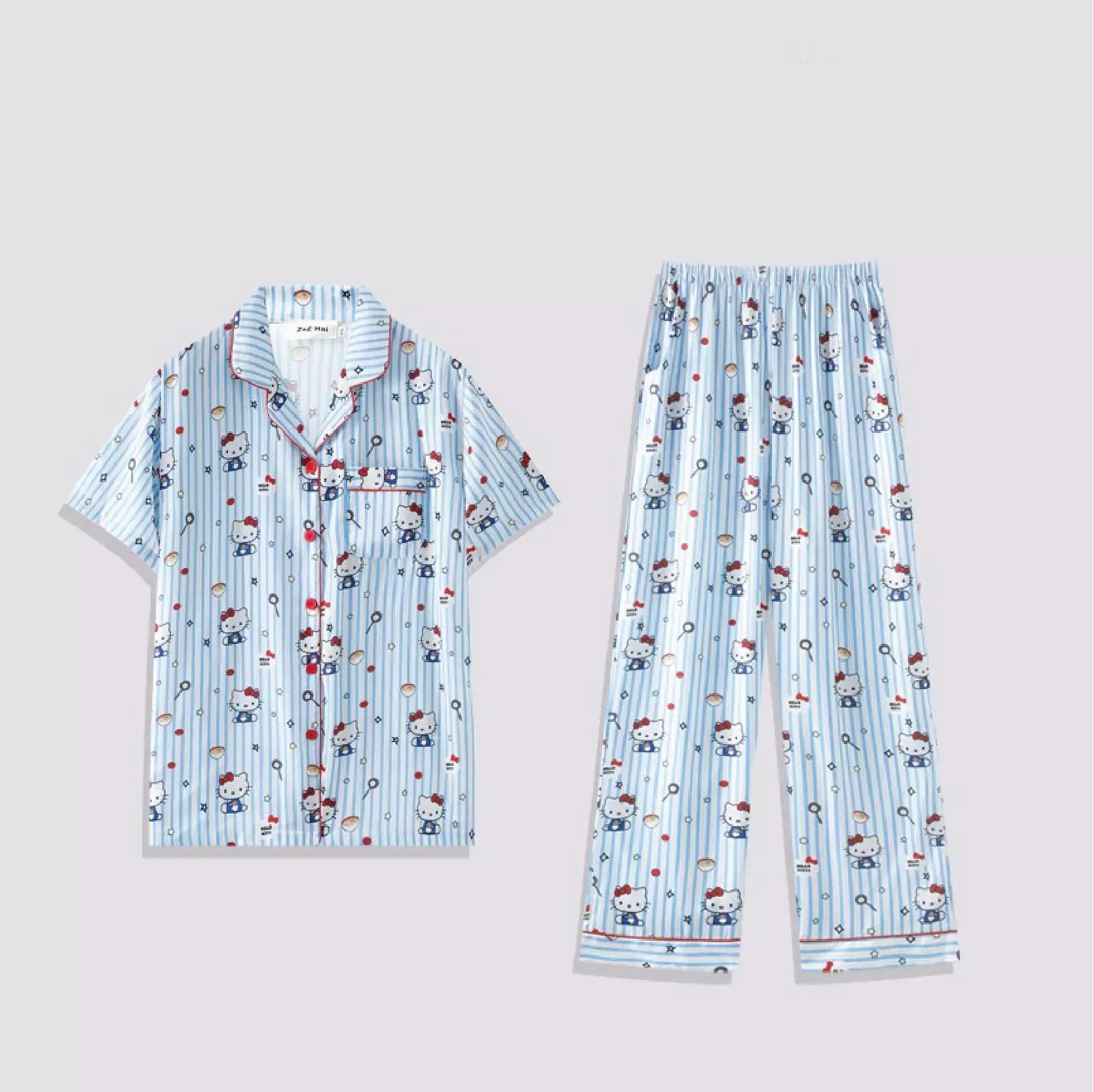 HelloKitty Blue Striped Foodie Prints Pajamas Set - Blind Box Mall