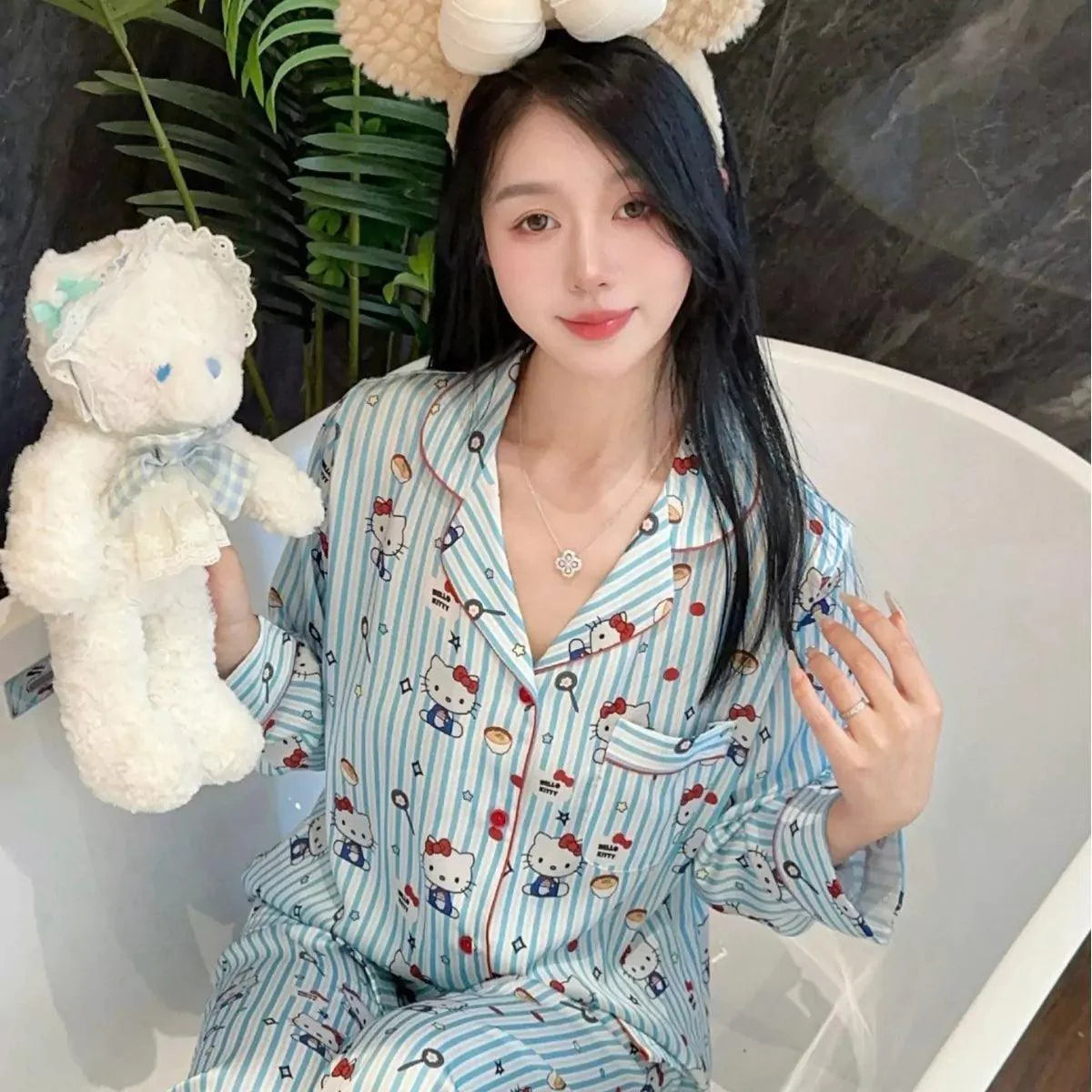 HelloKitty Blue Striped Foodie Prints Pajamas Set - Blind Box Mall