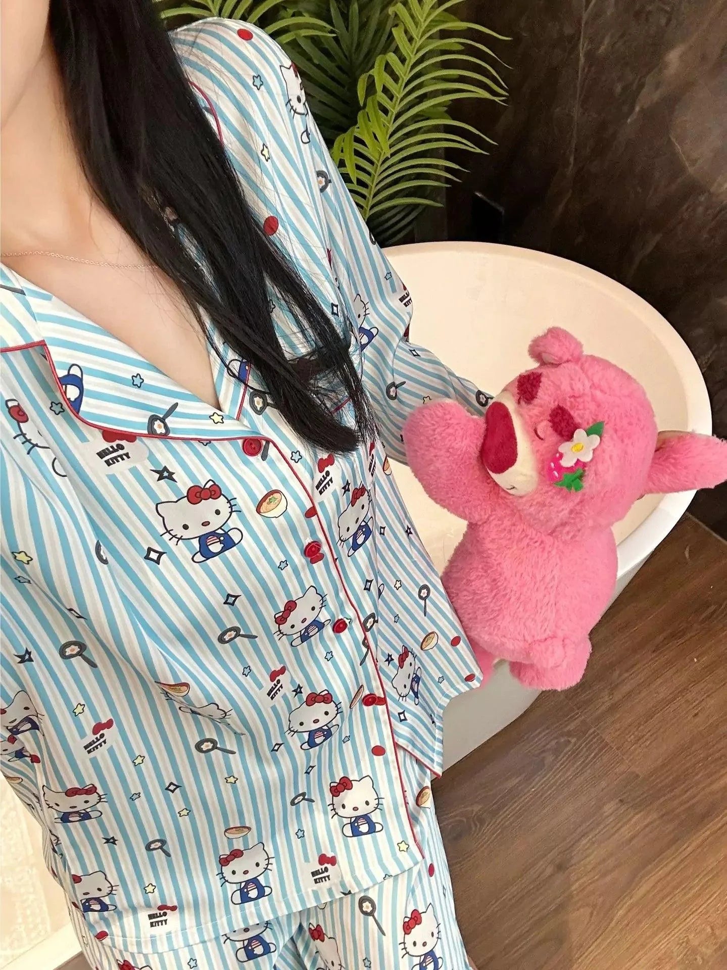 HelloKitty Blue Striped Foodie Prints Pajamas Set - Blind Box Mall