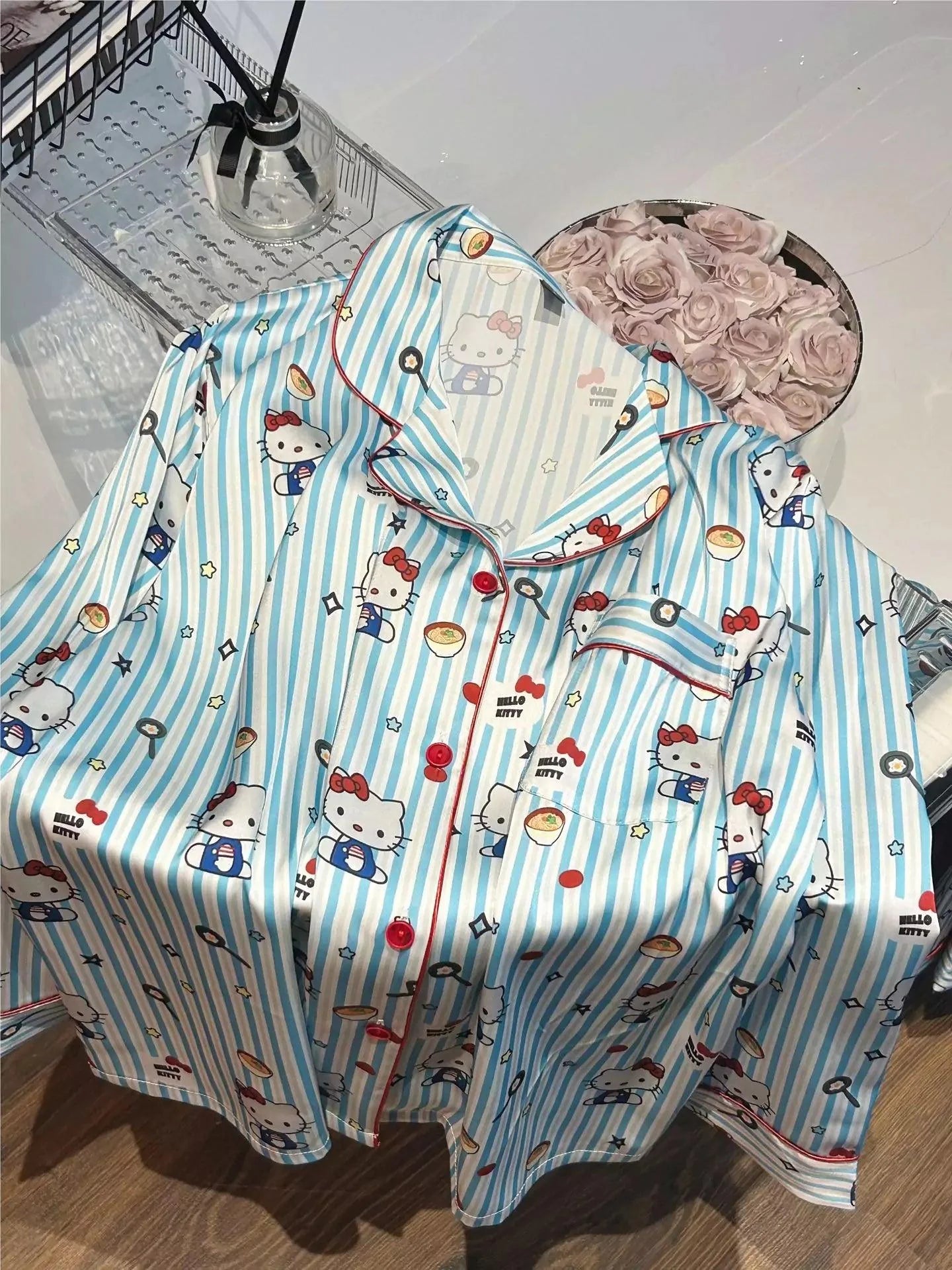 HelloKitty Blue Striped Foodie Prints Pajamas Set - Blind Box Mall