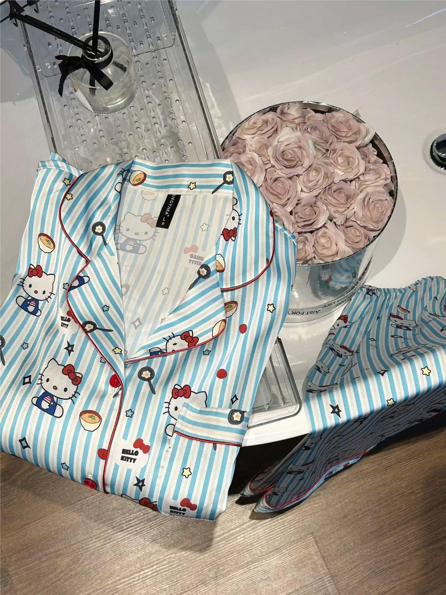 HelloKitty Blue Striped Foodie Prints Pajamas Set - Blind Box Mall