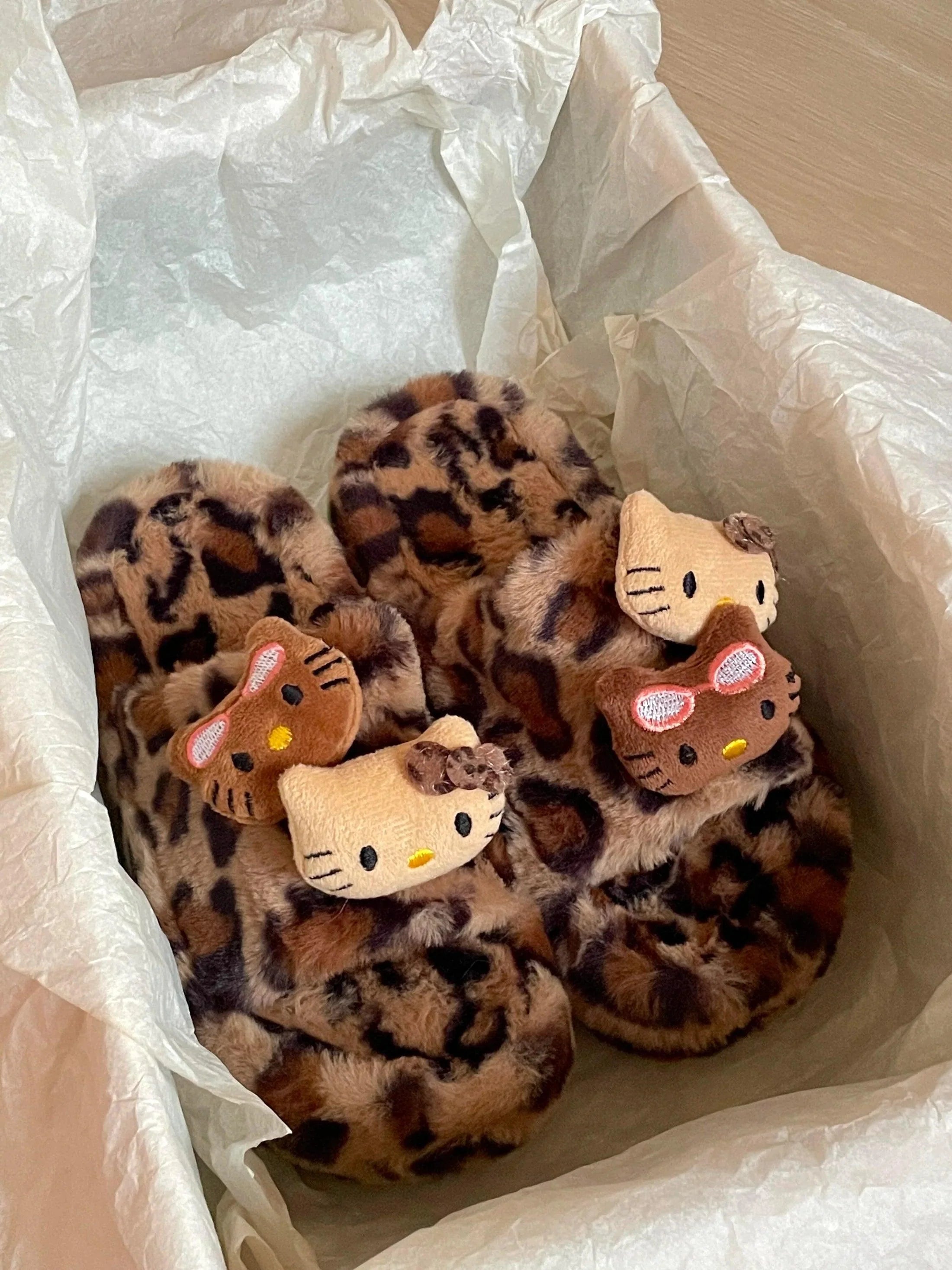 Hello Kitty Fluffy Leopard Platform Slippers - Blind Box Mall