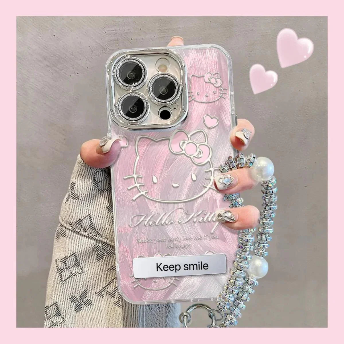 HelloKitty Pink Medal Phone Case with Folding Holder & Phone Charm - Blind Box Mall