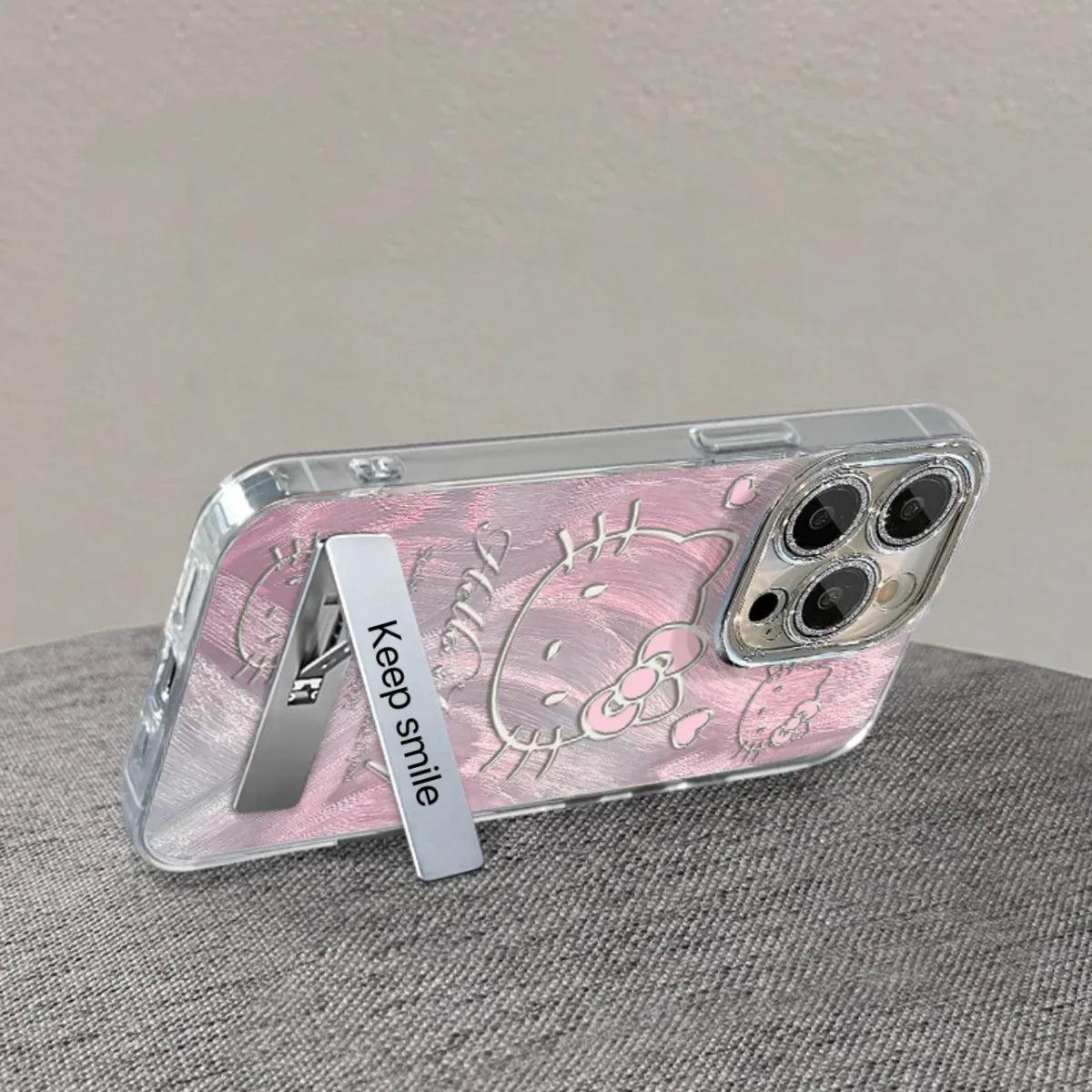 HelloKitty Pink Medal Phone Case with Folding Holder & Phone Charm - Blind Box Mall