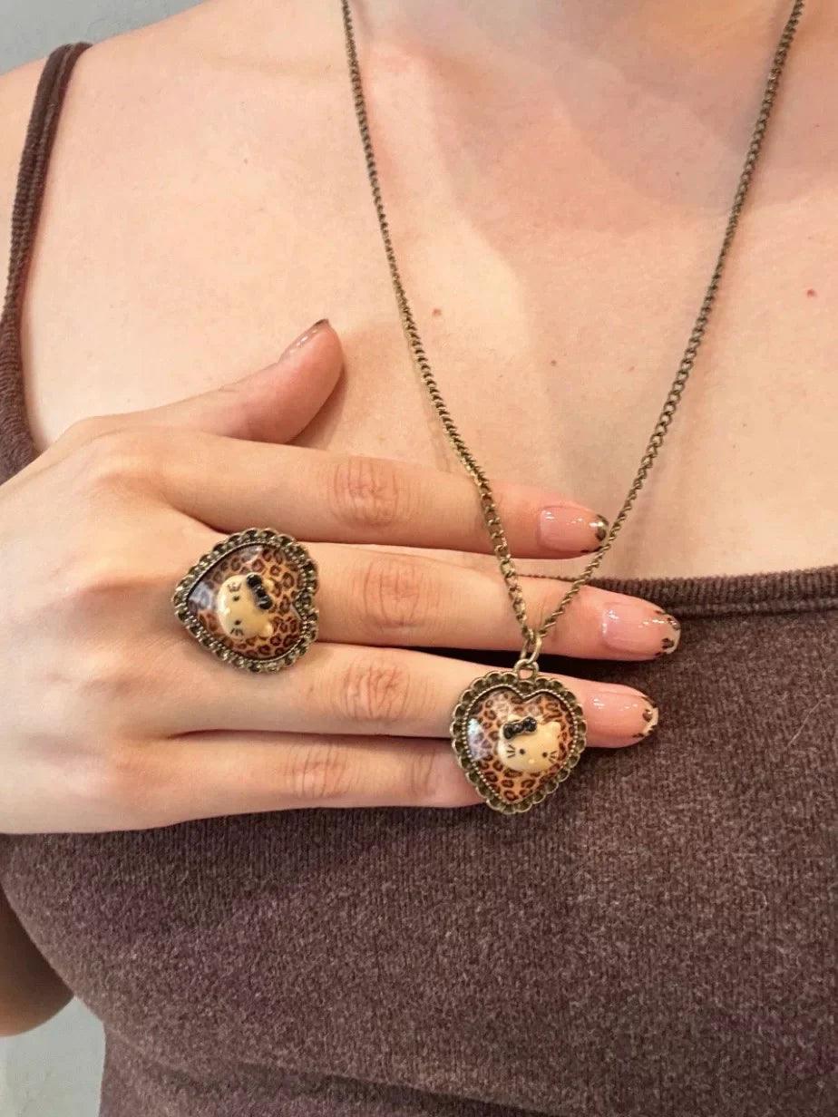 Hello Kitty Leopard Print Necklace & Ring Set - Blind Box Mall