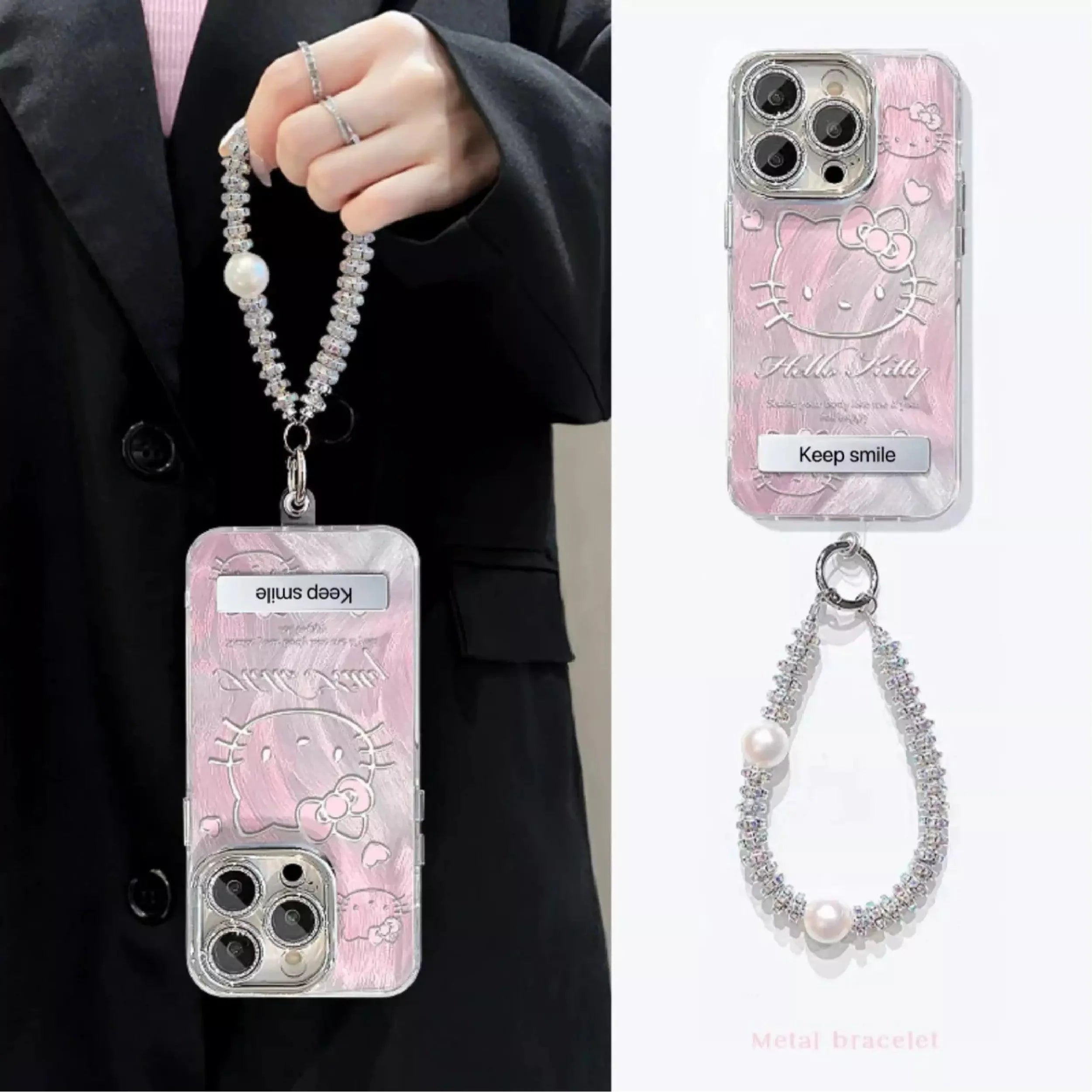 HelloKitty Pink Medal Phone Case with Folding Holder & Phone Charm - Blind Box Mall